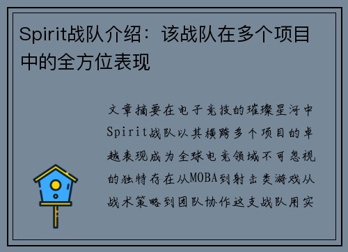 Spirit战队介绍：该战队在多个项目中的全方位表现